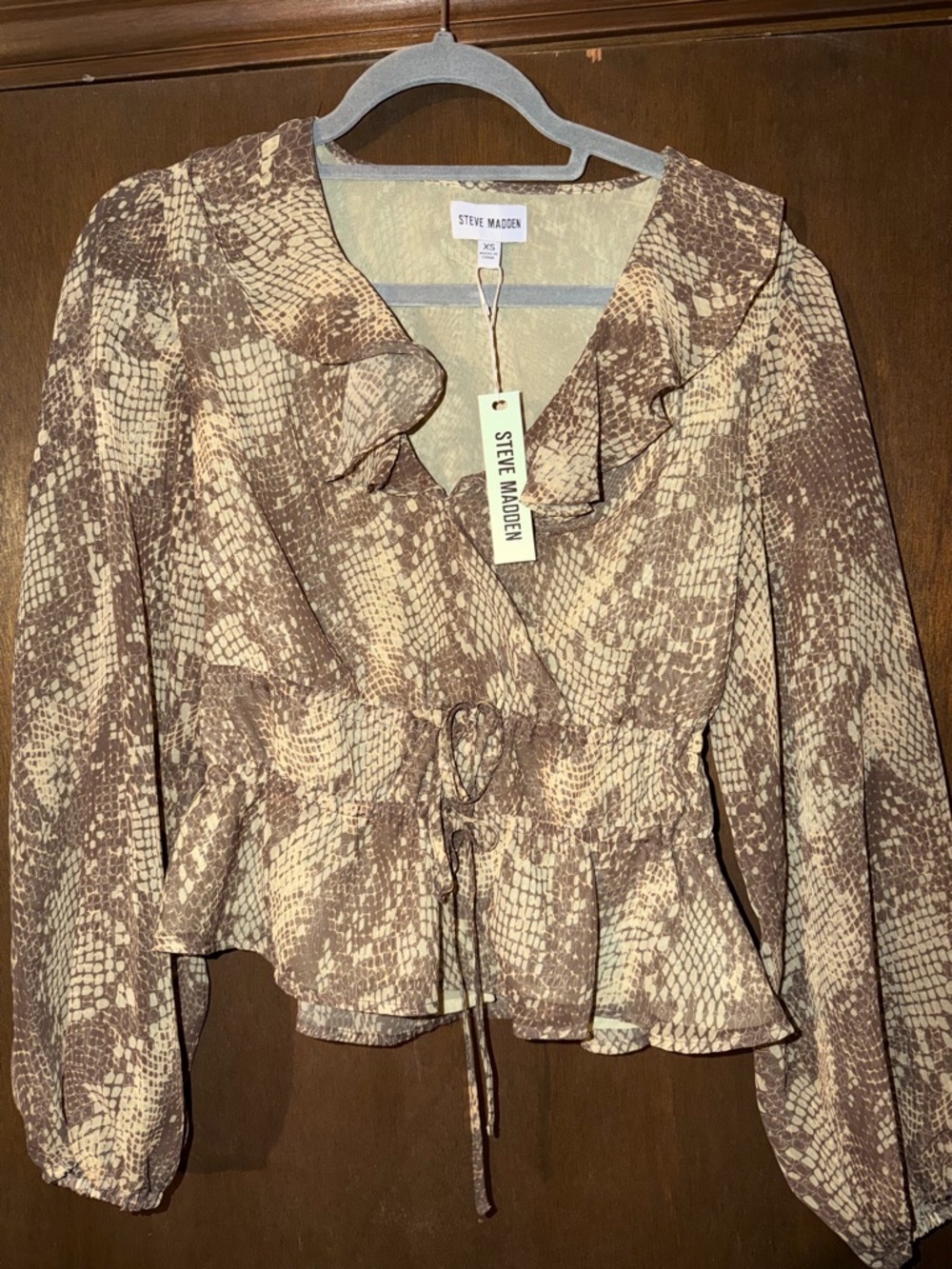 Steve Madden Brown & Cream Snake-Print Ruffle Peplum Top